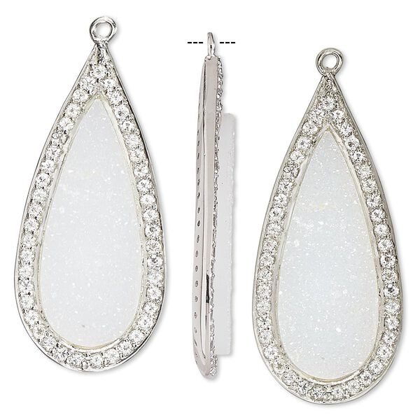 Focal, white druzy agate / white topaz (natural) / sterling silver, 35x16mm single-sided teardrop. Sold individually. image number 0