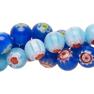 Bead, millefiori glass, translucent blue and multicolored, 10mm round. Sold per pkg of (3) 14-inch strands.