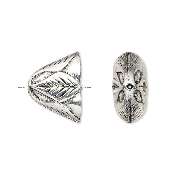Cone, antique silver-plated pewter (tin-based alloy), 18x13x9mm flat with leaf design, 14x5.5mm inside diameter. Sold per pkg of 2. image number 0