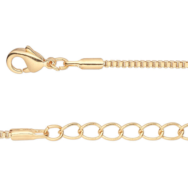 Chain, gold-finished brass, 1.5mm Venetian box, 7-1/2 inches with 1-1/4 inch extender chain and lobster claw clasp. Sold per pkg of 6. image number 0