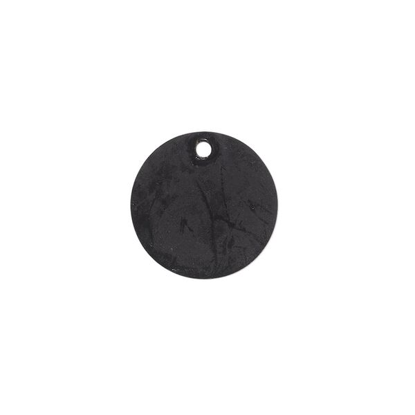 Drop, brass, jewel tone black patina, Pantone® color 19-0508, 15mm double-sided flat round. Sold per pkg of 6. image number 0