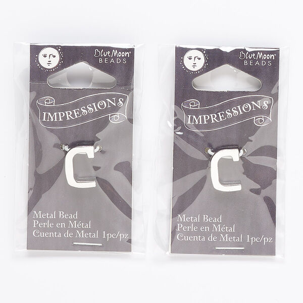 Bead, silver-finished "pewter" (zinc-based alloy), 13x9mm top-drilled alphabet letter "C" with 2mm hole. Sold per pkg of 2. image number 0