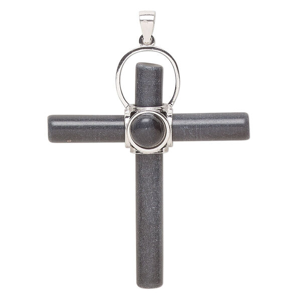 Pendant, blackstone (dyed) and sterling silver, 44x24mm-50x39mm cross. Sold individually. image number 0