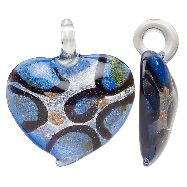 Focal, lampworked glass, multicolored, 32x31mm-35x33mm domed heart with copper-colored glitter and silver-colored foil. Sold individually. image number 0