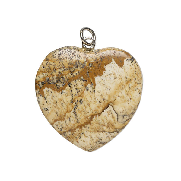 Drop, steel and picture jasper (natural), pkg/1, silver finish opaque, 26mm puffed heart, B Grade. image number 0
