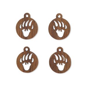 Drop, wood (natural), 11mm single-sided left- and right-facing flat round with cutout bear paw design. Sold per pkg of 4.