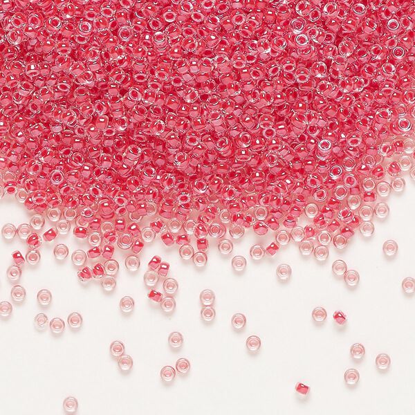 Seed bead, Miyuki, glass, pkg/35g, #15 rocaille, translucent dark coral-lined luster crystal clear (RR-226). image number 0