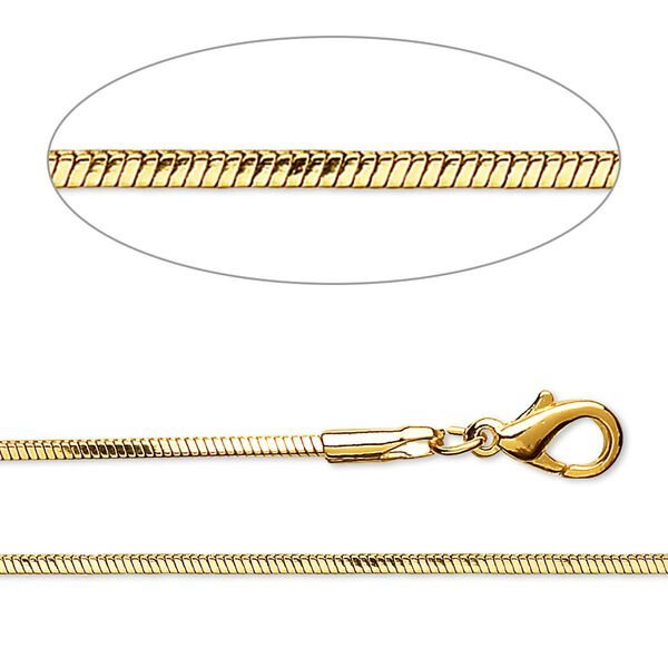 Chain, gold-finished brass, 1mm square snake, 18 inches with 1-inch extender chain and lobster claw clasp. Sold per pkg of 2. image number 0