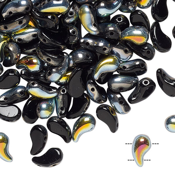 Bead, Zoliduo®, Czech pressed glass, opaque black half-coated marea, 8x5mm double-drilled right-facing comma. Sold per pkg of 30. image number 0