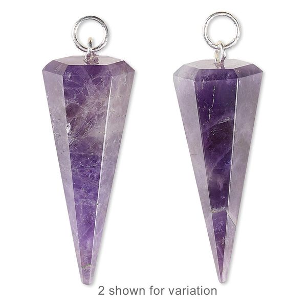 Focal, amethyst (natural) and silver-plated brass, 37x13mm-41x16mm hand-cut faceted hexagon point, Mohs hardness 7. Sold individually. image number 0