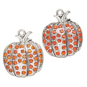 Charm, antique silver-finished "pewter" (zinc-based alloy) and glass, orange, 25x23mm single-sided pumpkin. Sold per pkg of 2.