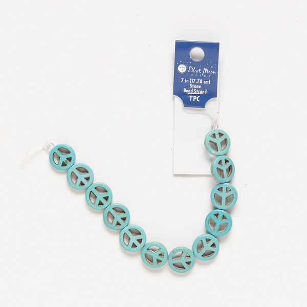 Bead, magnesite (dyed / stabilized), turquoise blue, 15-16mm open peace sign, C grade, Mohs hardness 3-1/2 to 4. Sold per 7-inch strand. image number 0