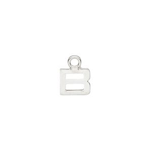 Charm, sterling silver, 8mm single-sided modern square alphabet letter B. Sold individually.