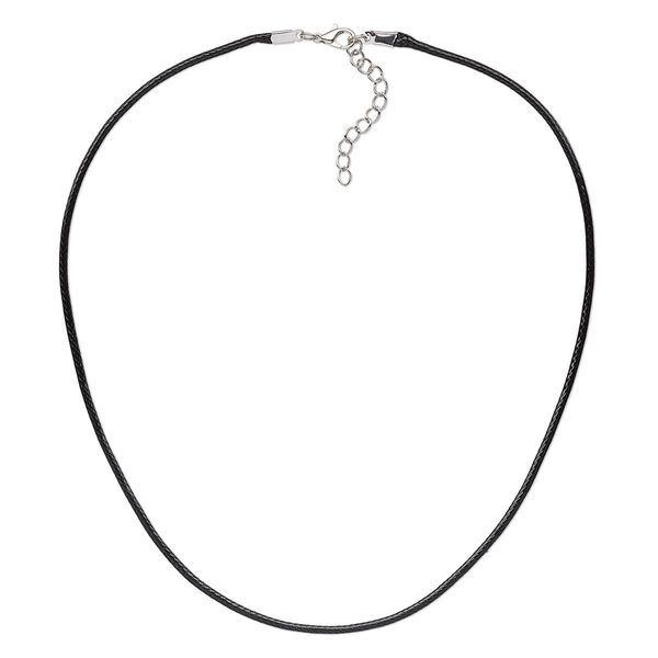 Necklace cord, imitation leather with imitation rhodium-finished steel and "pewter" (zinc-based alloy), black, 2mm wide, 18 inches with 1-1/2 inch extender chain and lobster claw clasp. Sold per pkg of 10. image number 0