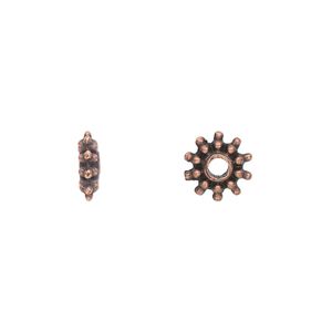 Bead, antique copper-plated "pewter" (zinc-based alloy), 9x3mm double-sided beaded rondelle. Sold per pkg of 50.