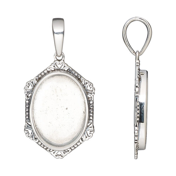Pendant, antiqued sterling silver, 25x17.5mm hexagon with heart and beaded rim with 18x13mm oval bezel setting. Sold individually. image number 0