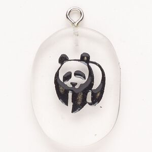 Focal, steel/glass/enamel, pkg/1, silver finish/clear/black, 30x24mm-39x27mm single-sided puffed freeform with panda.