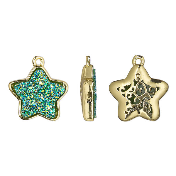 Drop, Druzylite™, "druzy" (resin) and gold-finished brass, green, 15x14mm two-sided star with open filigree back. Sold per pkg of 4. image number 0