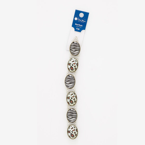 Bead, glass / paper / antique brass-finished "pewter" (zinc-based alloy), multicolored, 27x20mm single-sided double-drilled flat oval with zebra and leopard print design. Sold per pkg of 6. image number 0
