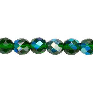 Bead, Czech fire-polished glass, emerald green AB, 8mm faceted round. Sold per pkg of 600 (1/2 mass).