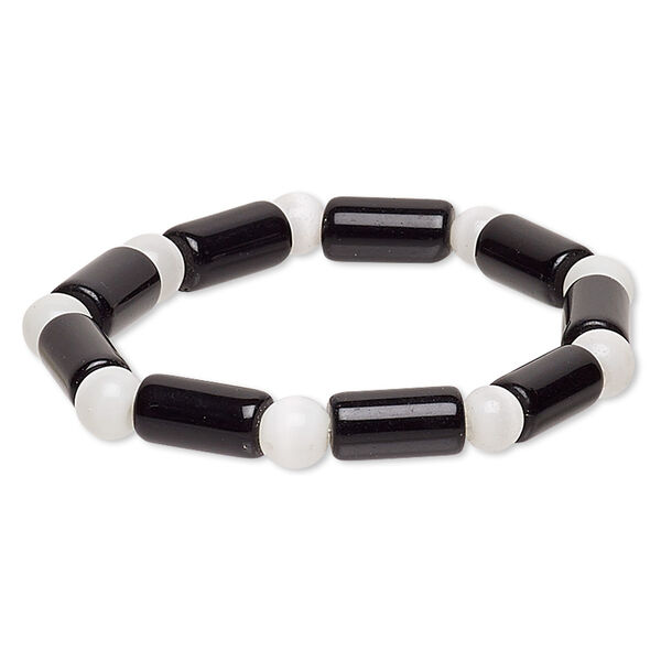 Bracelet, stretch, glass and cat's eye glass, opaque white and black, 7-8mm round and 14x7mm-15x8mm round tube, 7 inches. Sold individually. image number 0
