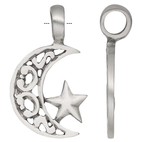 Pendant, Powerful Pewter Pendants, antiqued pewter (tin-based alloy), 41x24mm single-sided moon with star. Sold individually. image number 0