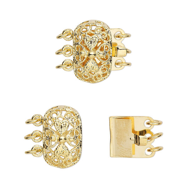 Clasp, 3-strand tab, gold-plated brass, 15x9mm filigree oval. Sold per pkg of 4. image number 0