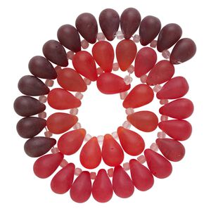 Bead, glass, translucent matte red, dark red and orange, 16x10mm top-drilled teardrop with irregular rondelles. Sold per 14-inch strand.