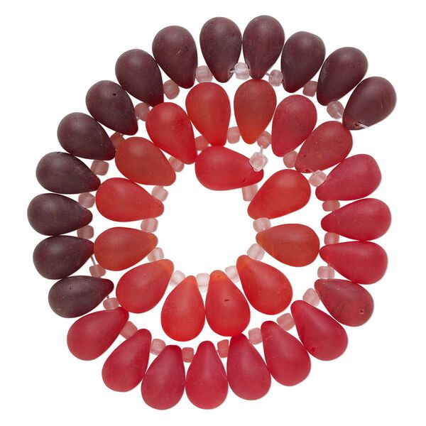 Bead, glass, translucent matte red, dark red and orange, 16x10mm top-drilled teardrop with irregular rondelles. Sold per 14-inch strand. image number 0