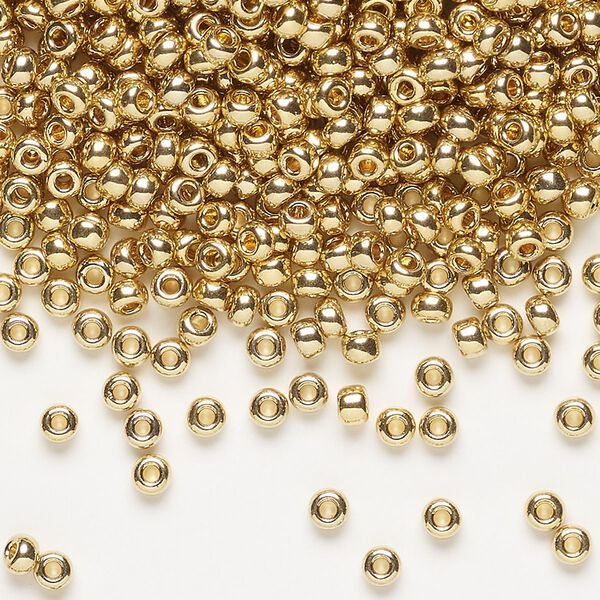 Seed bead, Miyuki, glass, pkg/4g, #8 rocaille, opaque 24Kt gold-plated light, (RR-193). image number 0