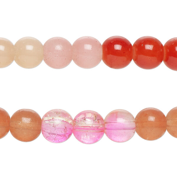 Bead, glass, translucent cranberry and mixed pinks, 8-8.5mm round. Sold per pkg of (2) 7-inch strands, approximately 50 beads. image number 0