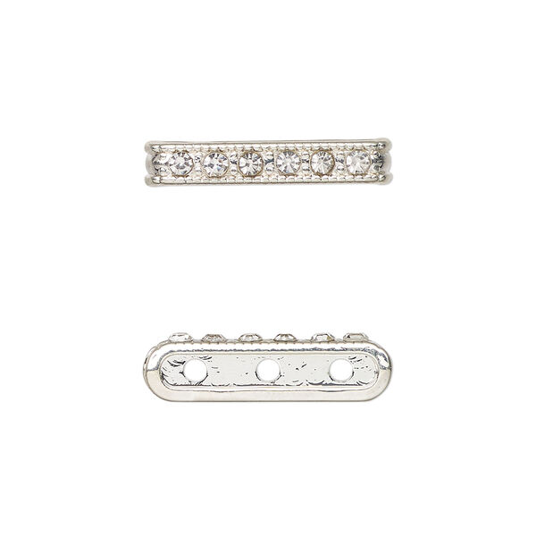 Spacer bar, silver-finished "pewter" (zinc-based alloy) and glass, clear, 20.5x4mm, 3-strand with crystals on one side, fits up to 6mm beads. Sold per pkg of 6. image number 0