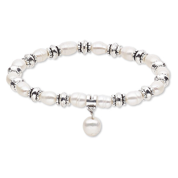 Bracelet, stretch, cultured freshwater pearl (bleached) with antique silver-plated steel and "pewter" (zinc-based alloy), white, 6mm wide with 10mm rice, 7 inches. Sold individually. image number 0