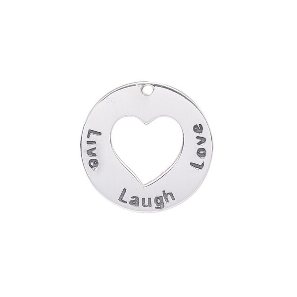 Drop, enamel and sterling silver, black, 20mm single-sided round with cutout heart and "Live, Laugh, Love." Sold individually. image number 0