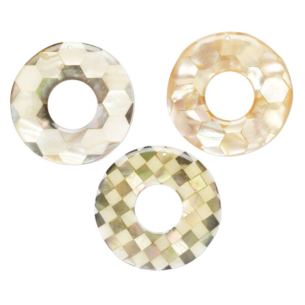 Focal mix, black lip shell / gold lip shell / mother-of-pearl shell / resin (assembled) 1pkg3, 40-41mm top-drilled and undrilled 1sided donut with honeycomb and checkerboard patterns. image number 0