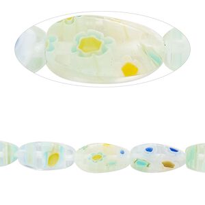 Bead, millefiori glass, translucent clear and multicolored, 11x6-13x8mm 4-sided twisted oval with flower and stripe design. Sold per 14-inch strand.