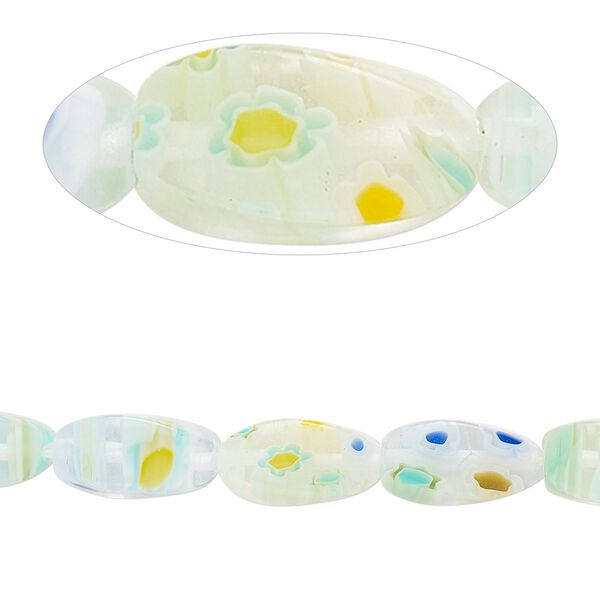 Bead, millefiori glass, translucent clear and multicolored, 11x6-13x8mm 4-sided twisted oval with flower and stripe design. Sold per 14-inch strand. image number 0