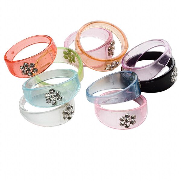 Ring mix, acrylic and glass rhinestone, clear and mixed colors with flower design, sizes 6-10. Sold per pkg of 10. image number 0