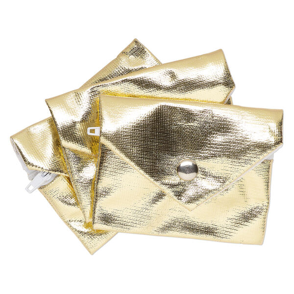 Pouch, metallic nylon, gold, 3x2.5-inches with snap and zipper. Sold per pkg of 3. image number 0
