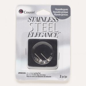 Earstud, stainless steel and glass rhinestone, 5mm round with open loop. Sold per pair.