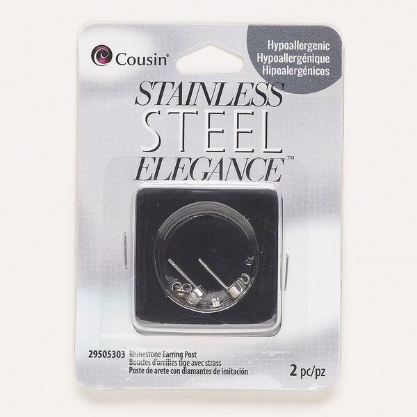Earstud, stainless steel and glass rhinestone, 5mm round with open loop. Sold per pair. image number 0