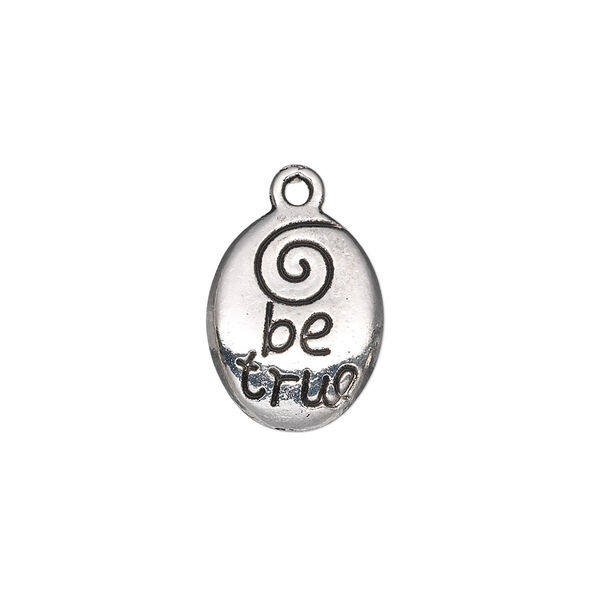 Drop, antique silver-plated "pewter" (zinc-based alloy), 17x13mm double-sided oval with "be true." Sold per pkg of 10. image number 0
