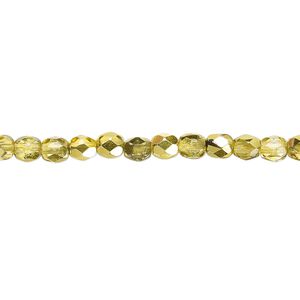 Bead, Czech fire-polished glass, clear with half-coat metallic yellow gold, 4mm faceted round. Sold per 15-1/2" to 16" strand.