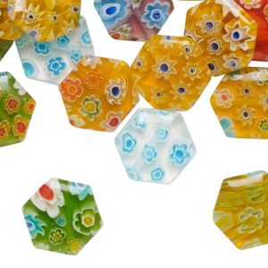 Bead mix, millefiori glass, translucent and transparent multicolored, 11-13mm puffed hexagon. Sold per 2-ounce pkg, approximately 65 beads.