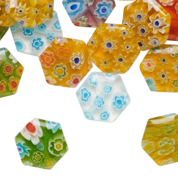 Bead mix, millefiori glass, translucent and transparent multicolored, 11-13mm puffed hexagon. Sold per 2-ounce pkg, approximately 65 beads. image number 0