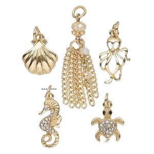 Charm mix, gold-finished brass / rose gold-finished steel / plastic, clear / black / white, 14x13mm single-sided sea life-themed. Sold per 5-piece set.