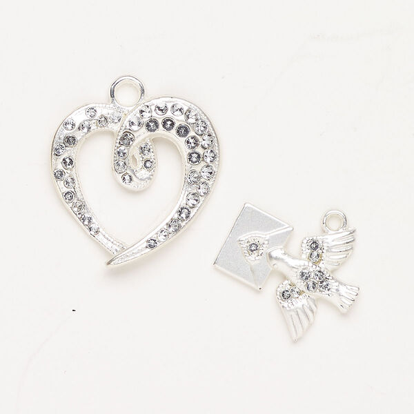 "Pewter" (zinc-based alloy) / acrylic 1pkg2, heart / bird / letter charm assortment matte silver-finished / clear 25x24mm / 21x18mm image number 0