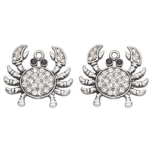 Charm, antique silver-finished "pewter" (zinc-based alloy) and glass, clear and black, 27x20mm single-sided crab. Sold per pkg of 2.