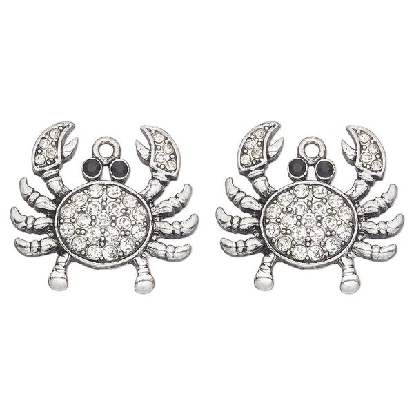 Charm, antique silver-finished "pewter" (zinc-based alloy) and glass, clear and black, 27x20mm single-sided crab. Sold per pkg of 2. image number 0