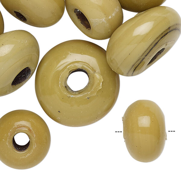 Bead, vintage India glass, opaque beige, 14x9mm-21x13mm rondelle with 2-6mm hole. Sold per pkg of 24. image number 0